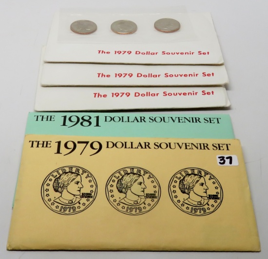 6 Susan B Anthony 3 Coin Souvenier Sets: 2 US Mint issue (1979, 80); 4-1979 after market, 1 no envel