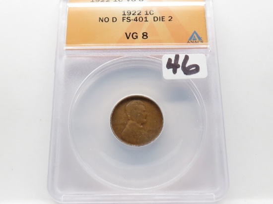 Lincoln Cent 1922 No D, FS-4011 Die 2, ANACS VG 8, Semi-Key Date