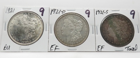 3 Morgan $: 1921 BU, 1921D EF, 1921S EF toned