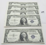 5-$1 Silver Certificates 1935E consecutive SN Q55113719H-723H, CH CU