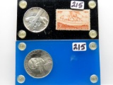 2 Heraldic Art Silver Medals in holders: 1960 Long Rifle Conestaga Wagon w/stamp; 1963 JFK Memorial