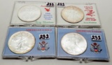 4 American Silver Eagles Unc in plastic cases: 1989, 1991, 1992, 1998