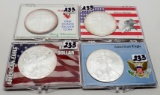 4 American Silver Eagles Unc in plastic cases: 1996, 1998, 1999, 2000