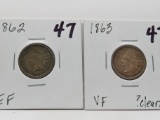 2 Indian Cents: 1862 EF, 1863 VF ?cleaned