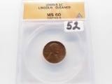 Lincoln Cent 1909S ANACS MS60 details cleaned, better date