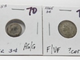 2 Type Three Cent Pieces: Silver 1853 AG/G, Nickel 1865 F/VF ?corrosion
