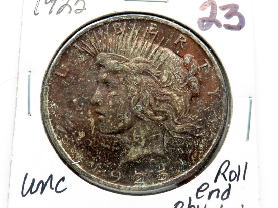 Peace $ 1925 Unc, roll end obv toning