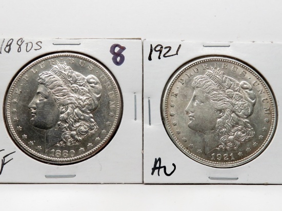 2 Morgan $: 1880S EF, 1921 AU