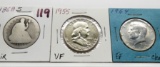 3 Type Silver Half $: Seated 1868S Fair, Franklin 1955 VF, Kennedy 1964 EF ?clea
