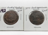 2 Bank Tokens: 1844 Bank of Montreal 1/2 Penny; 1854 Bank Upper Canada 1/2 Penny
