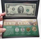 Lewis & Clark Bicentennial Collection folder includes: $2 FRN, Sacagawea $, 3 Keelboat Nickels (P, D
