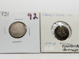 2 Type Dimes: Capped Bust 1831 G, Barber 1914D environmental damage