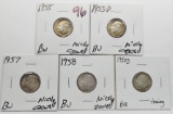5 Roosevelt Silver Dimes BU nicely toned: 1955, 55D, 57, 58, 58D
