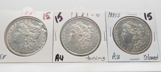 3 Morgan $: 1881 EF, 1881-O AU toning, 1881S AU ?clea