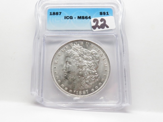 Morgan $ 1887 ICG MS64, slab bottom broken-coin does not appear to be affected