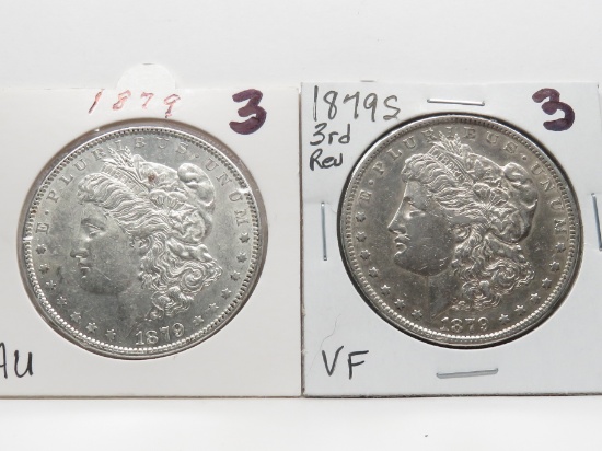 2 Morgan $: 1879 AU, 1879S 3rd rev VF