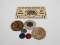 7 Tokens, includes Doylestown PA 1838-1938 rectangular Wooden Nickel, transportation, OPA, Lucky Pen