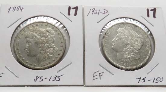 2 Morgan $: 1884 Fine, 1921D EF