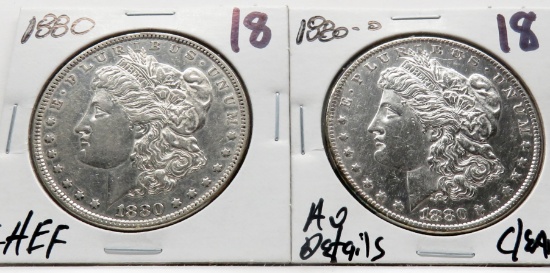 2 Morgan $: 1880 CH EF, 1880-O AU cleaned