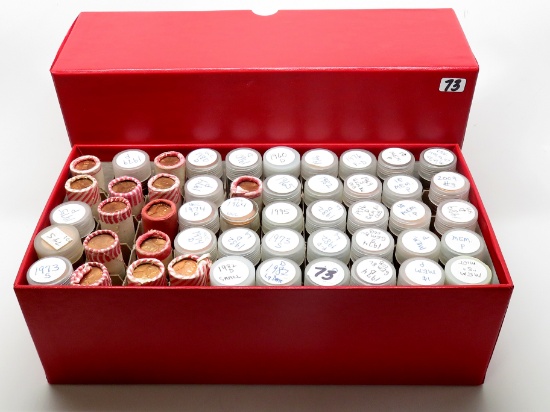 Box of 50 Tubes Cents; 49 tubes Lincoln Memorial 1960's, 70's, 80's, 95, 09, & assorted; 1 tube Cana