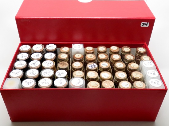 Box of 50 Tubes Lincoln Memorial Cents marked 59, 60's, 70's.  Unsearched by us, appear Unc-BU. Esti