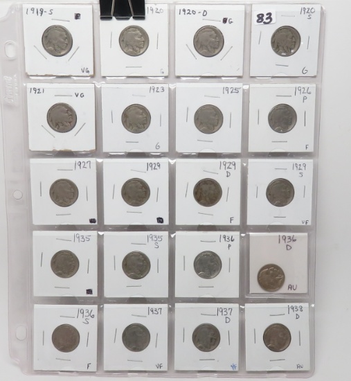 20 Buffalo Nickels vinyl pg, avg G-AU: 1919S, 20PDS, 21, 23, 25, 26, 27, 29PDS, 35PS, 36PDS, 37PD, 3