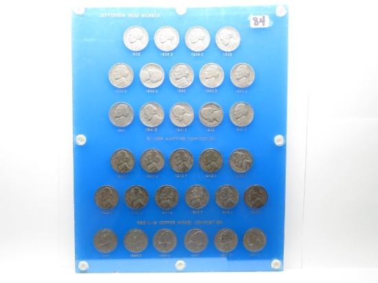 Jefferson Nickel Display in Capitol Plastic, 31 Coins, 1938-47S, includes 11 War, circ