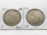 2 Peace $: 1923D F toned, 1925 EF