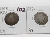 2 Type Quarters: Seated Liberty 1853 AR/RA Fair; Barber 1892 AG
