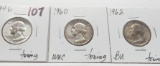3 Silver Washington Quarters toning: 1946 BU, 1960 Unc, 1962 BU