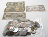 156 World Coins includes some silver + 4 World Notes (3 Mexico 1960's, Japan 100 Yen)