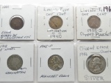 6 ERROR Coins: Indian Cent 1889 rotated die/eye lamination; Lincoln 1940 lamination, Lincoln 1955D c
