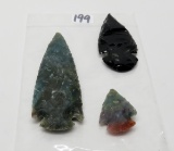 3 side-notched Arrowheads, includes 1 Obsidian