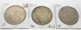 3 Morgan $: 1921 EF, 1921D AU toned, 1921S VF