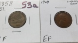 2 Type Cents: Flying Eagle 1858 small letter CH F, Lincoln Wheat 1909 EF