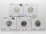 5 Dimes: 2 Mercury (1931S VG, 42 EF); 3 Roosevelt (1955S CH BU, 61 PF, 63 CH BU)