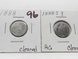 2 Seated Liberty Dimes: 1888 G clea, 1888S ? AG clea