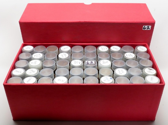 Box of 50 Tubes Lincoln Cents, assorted dates. Unsearched by us, appear to be all Wheat. Estimated t