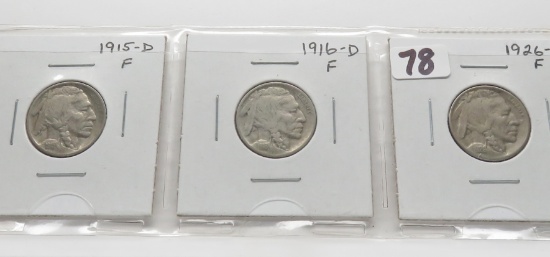 3 Buffalo Nickels better dates, F: 1915D, 1916D, 1926D
