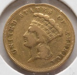 $3 Gold Indian Princess 1855S CH VG full Liberty, rev plugged, rim problem. Mintage 6,600