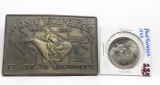 Pony Express Belt Buckle, St Joe to Sacramento + 1935 Pony Express Medal BU