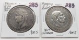 2-.900 Silver World Coins: 1827 France 5 Franc; 1907 Hungary 5 Korona Commemorative