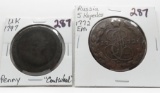 2 Copper Coins: 1772 EM Russia 5 Kopecks; 1797 UK Penny 