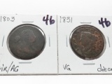 2 Large Cents: Draped Bust 1803 Fair/AG, Matron Head 1831 VG die crack