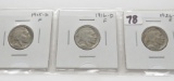 3 Buffalo Nickels better dates, F: 1915D, 1916D, 1926D