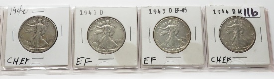 4 Walking Liberty Half $: 1940 CH EF, 41D EF, 43D EF, 44D CH EF