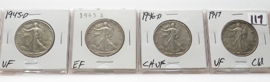 4 Walking Liberty Half $: 1945D VF, 45S EF, 46D CH VF, 47 VF clea