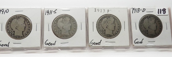 4 Barber Half $: 1910 G, 11S G, 13 G, 13D G