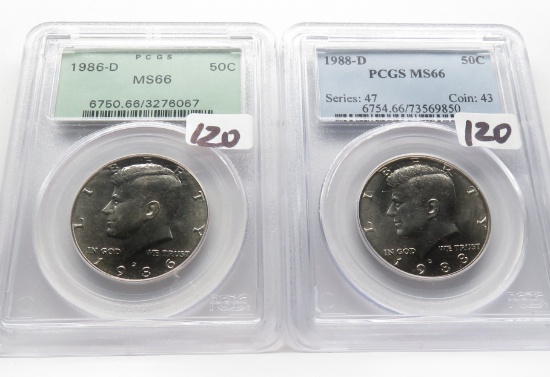 2 Kennedy Half $ PCGS MS66 1986-D (Older holder) & 1988-D