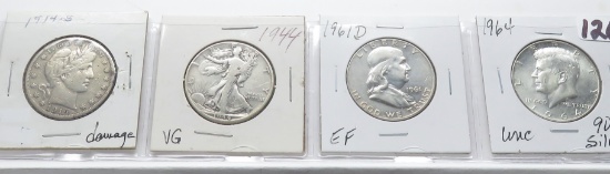 4 Silver Half $: Barber 1914S damage, Walking Lib 1944 G, Franklin 1961D EF, Kennedy 1964 Unc